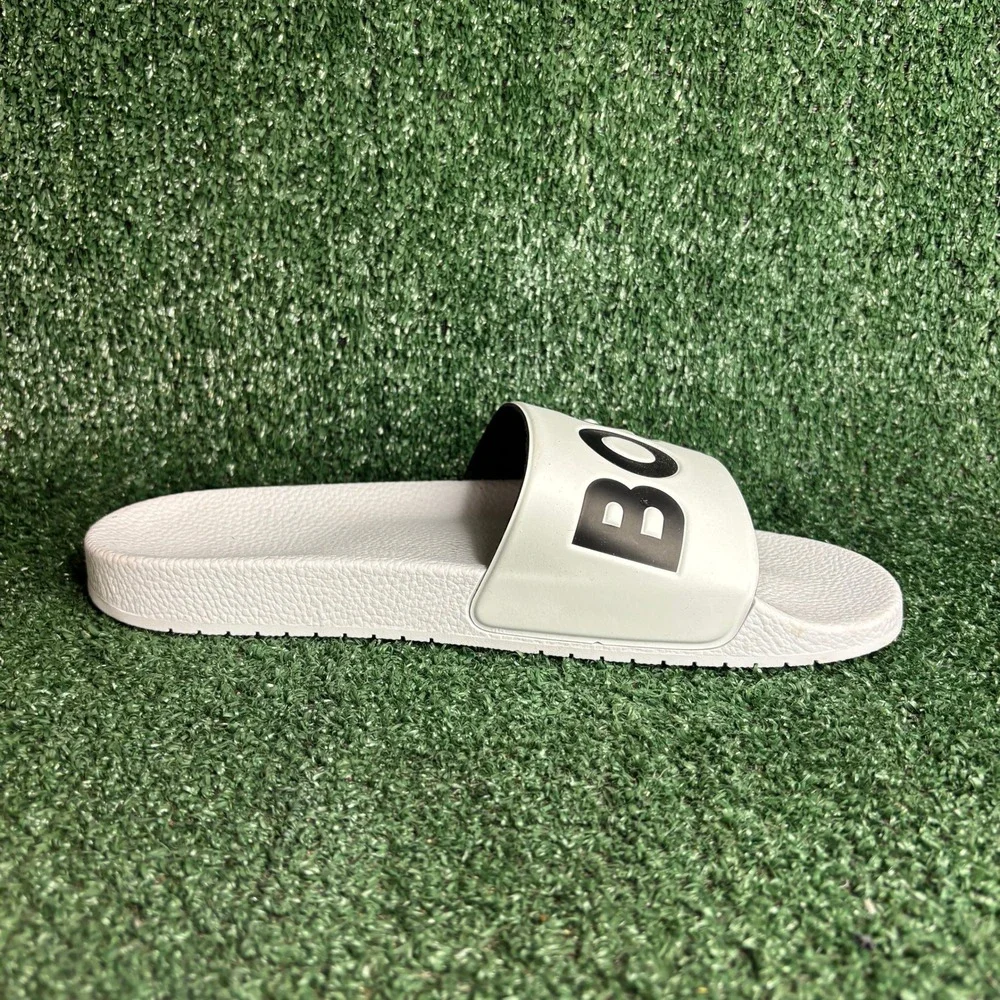 NEW‎ HUGO BOSS Aryeh Logo Pool Slides Beach Sandals White Black Mens Size 12